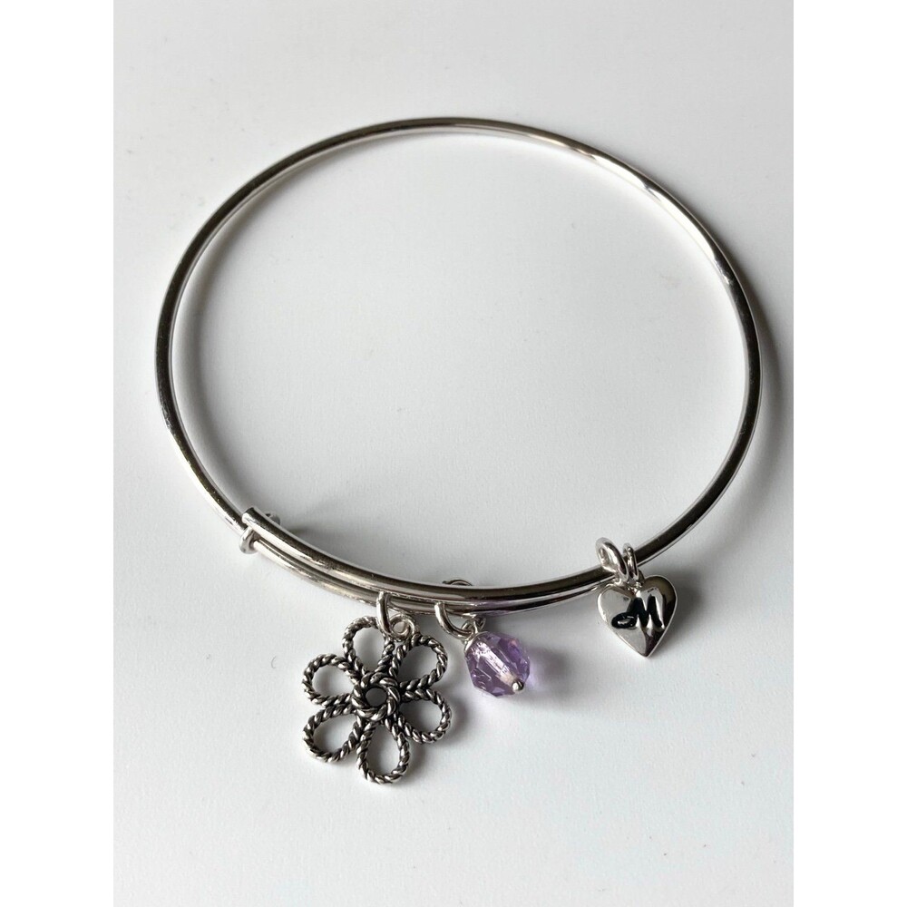 RL 925 sterling silver flower heart charm bangle Bracelet